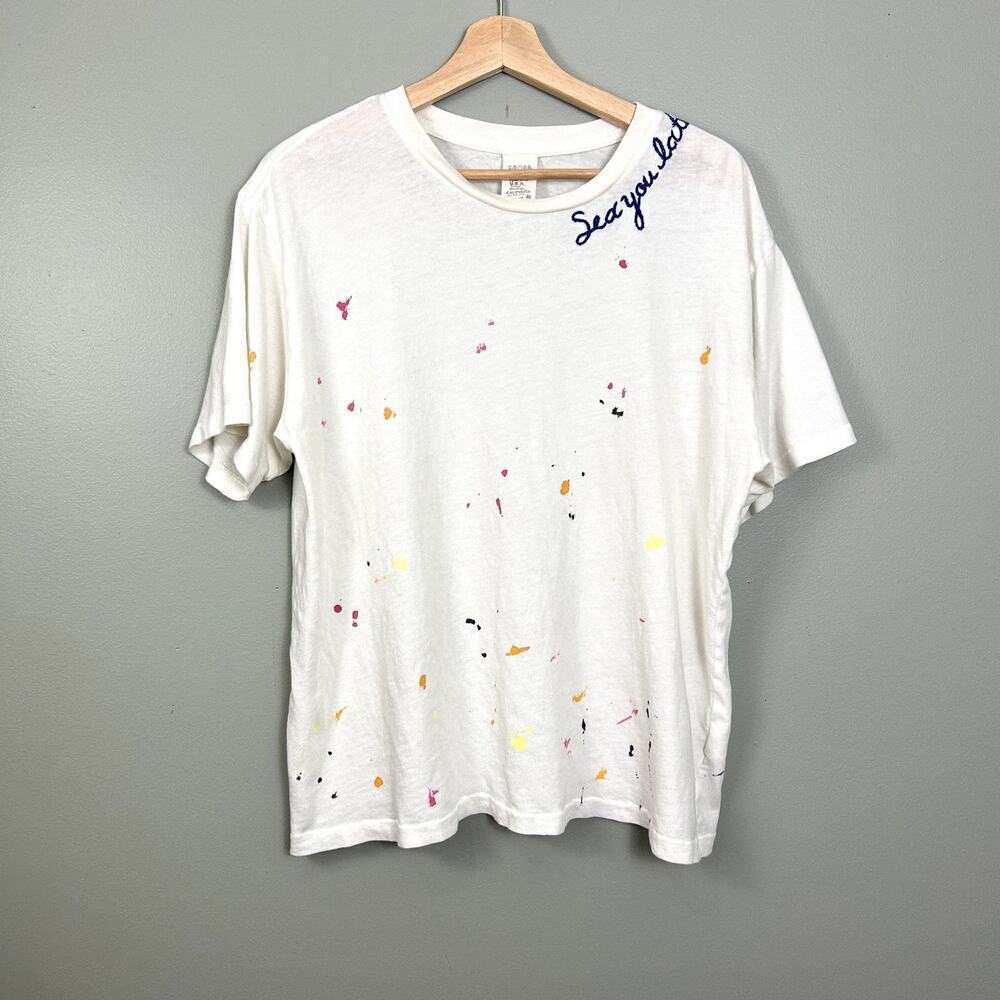 ISMBS Tee White Paint Splatter Cotton Collar Embroidered T-Shirt size Large - Picture 1 of 9